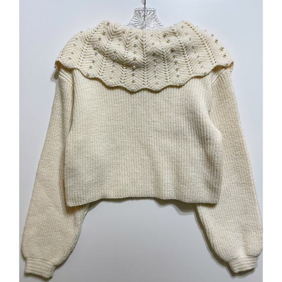 ZARA Ruffled Cable Knit Sweater Ecru with Pearls and Bow Size Small 4331/003 - Picture 7 of 16